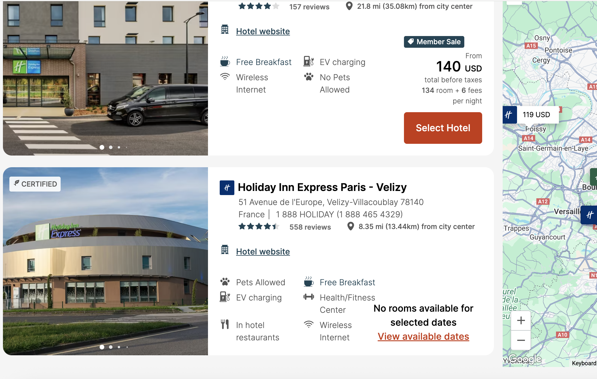 screenshot of IHG search results for cash prices in Paris with unavailable properties highlighted